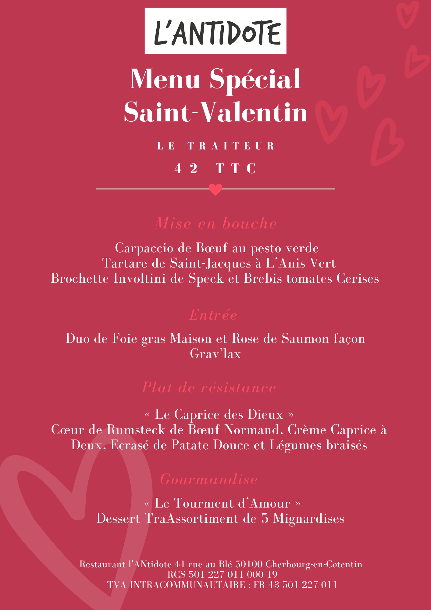 Menu Saint Valentin Restaurant Cherbourg Antidote A emporter 2022