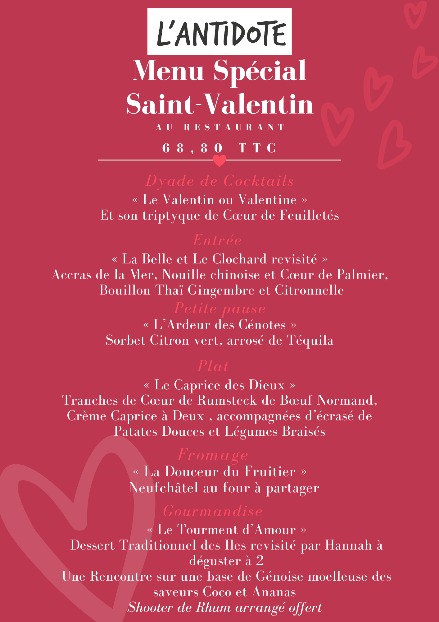 Menu Saint Valentin Restaurant traiteur Cherbourg Antidote Menu 2022